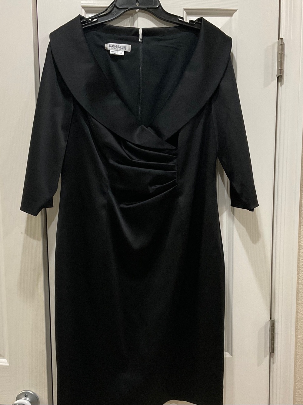 Alex Evenings Black Satin Draped V-Neck Long Sleeve Sheath Dress